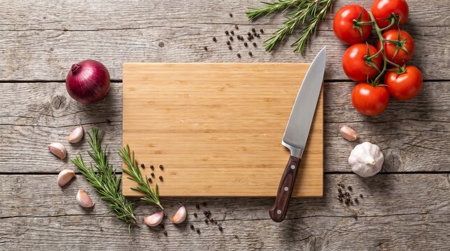 Overhead Flat Lay of Fresh Vegetables and Herbs on Wooden Chopping Board with Chef's Knife