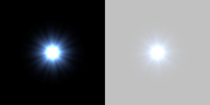 Two bright blue light flares shining in the dark background emit radiant beams with sharp starburst patterns. These luminous spots display intense glare with a soft glowing halo effect.