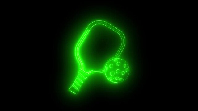 Neon glowing pickleball paddle and ball icon on black background