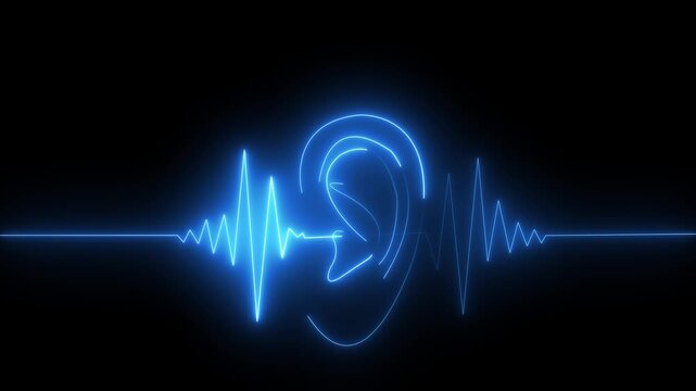 Glowing blue human ear silhouette with digital sound wave frequency visualization