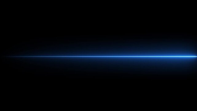 Horizontal blue neon light beam glowing on dark black background