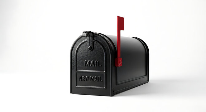 A black mailbox with a red flag raised stands isolated against a plain white background with metal mailbox