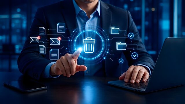 Businessman touching a glowing digital trash can hologram deleting emails and files representing inbox zero and digital data decluttering