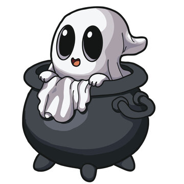 Cute ghost sitting inside a black witch cauldron vector illustration. Spooky cartoon character design for Halloween party decoration, trick or treat event