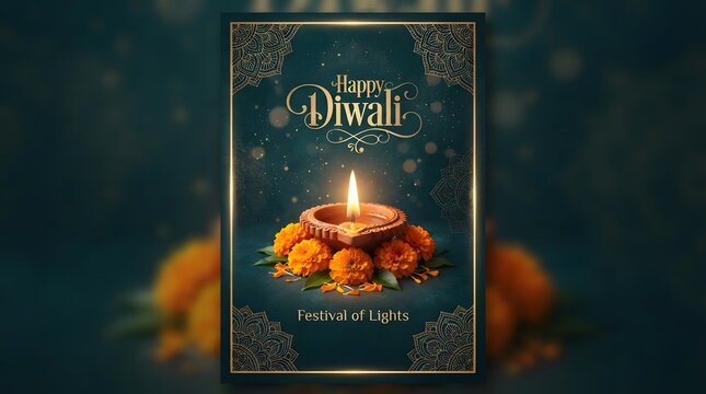 Happy diwali festival of lights greeting card with diya