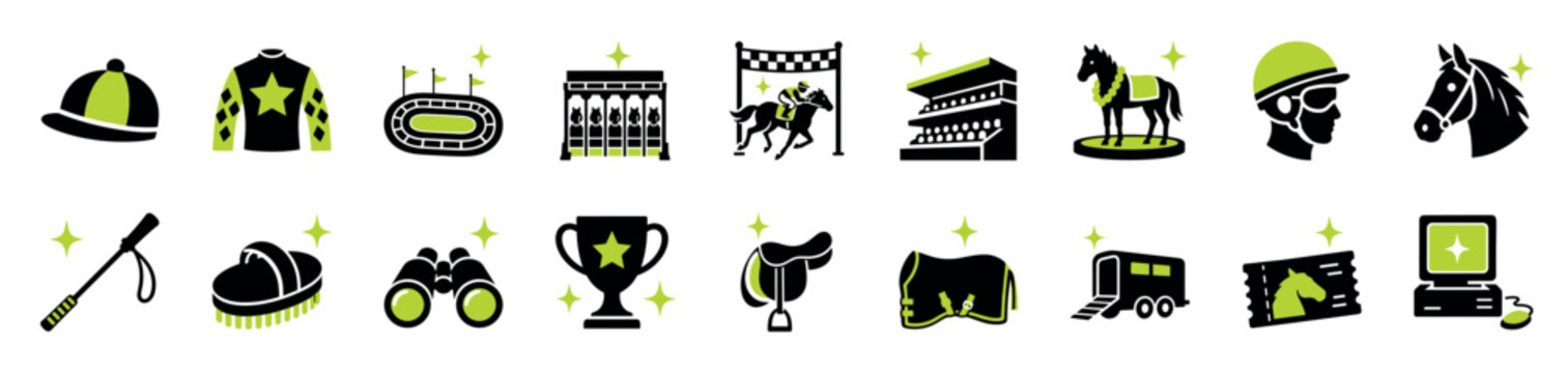 Set of horse racing icons in a black and green graphic style showing a jockey, saddle, racetrack, trophy, and other equestrian sport and betting equipment