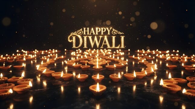 Happy diwali glowing diya lamps on dark background