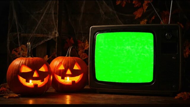 Vintage TV with green screen and glowing jack-o-lanterns for Halloween holiday background