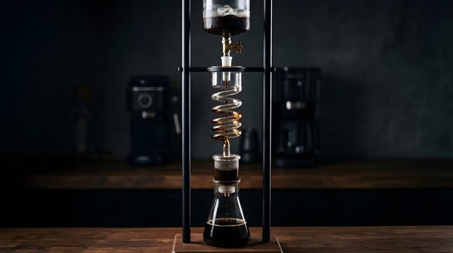 Elaborate cold drip coffee maker with glass spiral tubes extracts dark liquid into a conical flask under focused studio lighting