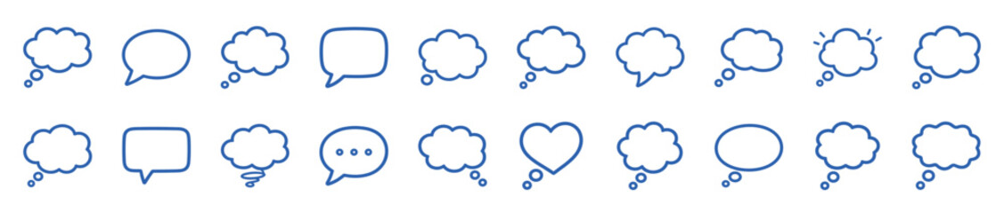 Obraz premium Collection of blue hand-drawn speech bubbles and thought clouds in a simple line art style, featuring various shapes for representing dialogue, ideas, and communication