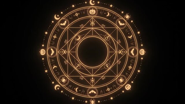 Happy Halloween greeting with an enchanting golden magical circle animation, featuring mystical symbols, bats, spiders, and pumpkins, creating a spooky and festive intro or outro for holiday content.