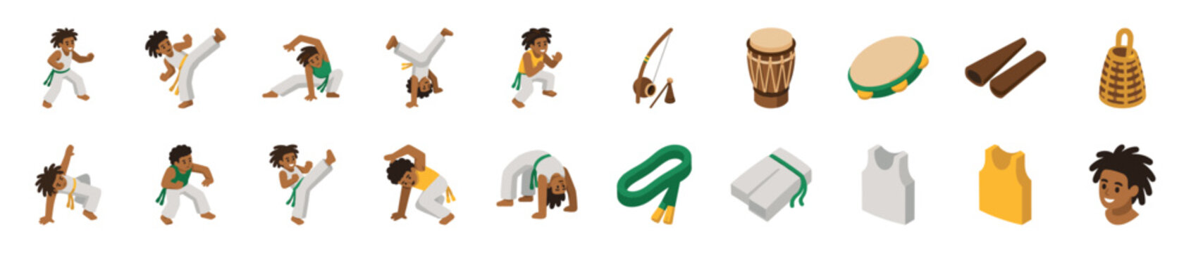 Capoeira martial art and dance icon set with people in various poses, musical instruments, and traditional clothing, all shown in a colorful isometric vector illustration style