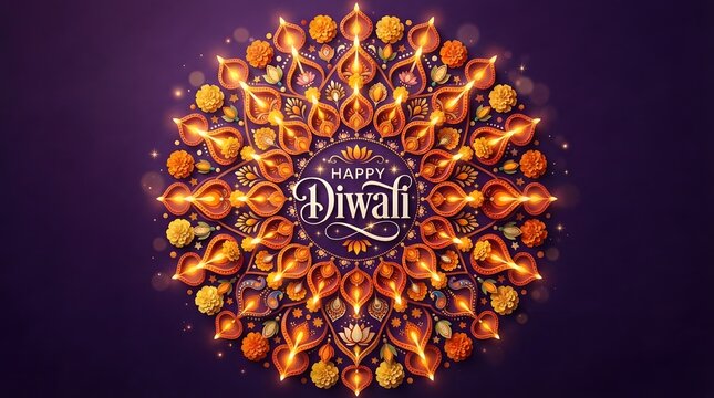 Happy diwali greeting card with glowing diya lamps