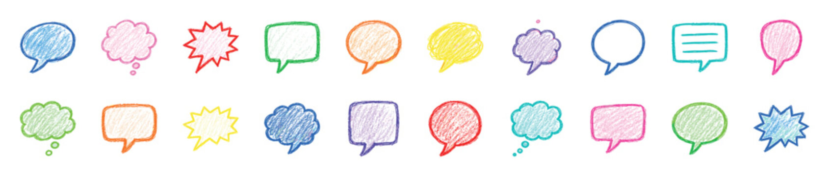 Colorful set of hand-drawn speech bubbles and thought clouds with a crayon texture, featuring a variety of doodle shapes for representing dialogue, messages, and ideas