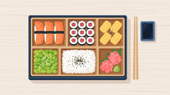 Japanese sushi bento box with assorted rolls, nigiri, tamago, edamame, ginger and wasabi in organized flat style for food menus and packaging.