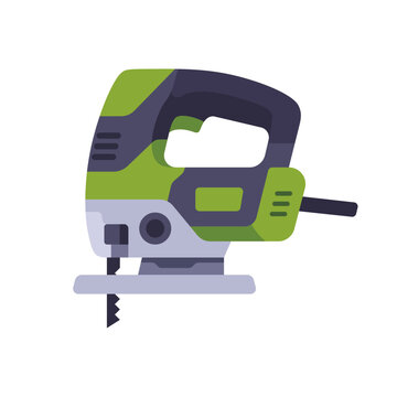 Jigsaw icon with curved handle and thin blade, flat illustration