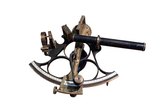 Vintage brass sextant isolated on a white background, serving as a classic nautical navigation tool for measuring angles in maritime history