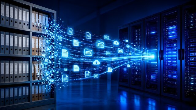 Digital transformation and data migration concept featuring physical archive files converting into glowing digital streams within a modern server rack