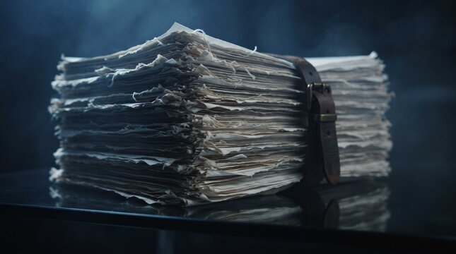 Thick stack of vintage old papers bound with leather strap sits resting on table, symbolizing data privacy, security, and classified information preservation