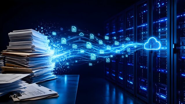 Cloud computing data migration concept featuring physical paper documents transforming into glowing digital icons flowing into a server room network