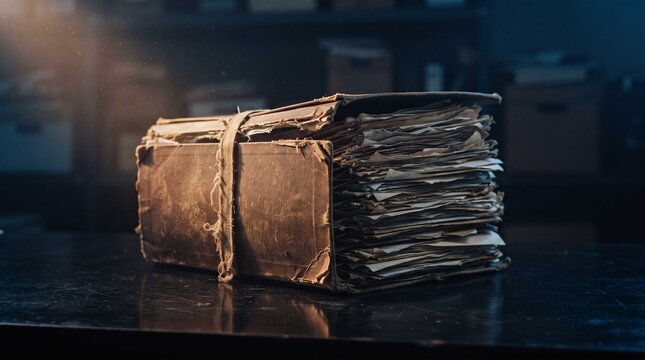 Thick stack of vintage old papers bound with leather strap sits resting on table, symbolizing data privacy, security, and classified information preservation