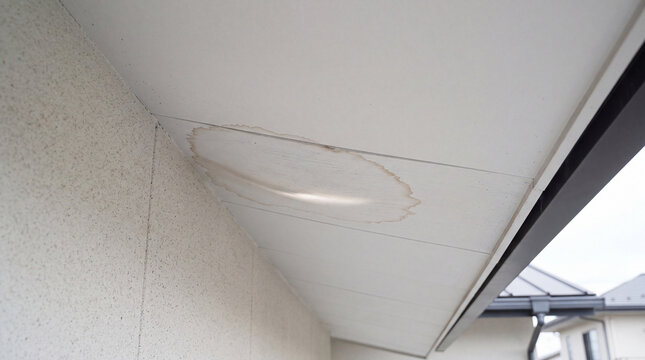 雨漏りによって部分的に変色し膨張した住宅の軒天