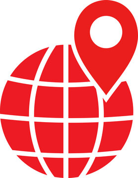 Stylized Red Earth Globe with Location Pin Graphic for Global Business, Travel, or Delivery Services Vector Icon