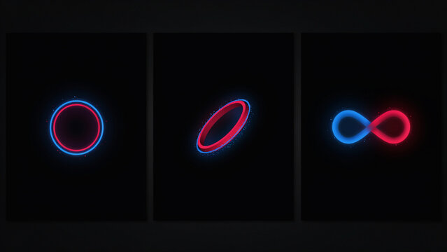 Three panels showing glowing red and blue circular rings and infinity symbols on black