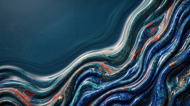 Abstract luxury background featuring flowing liquid stone texture in rich cobalt blue, coral, and gold mineral accents, with clean copy space