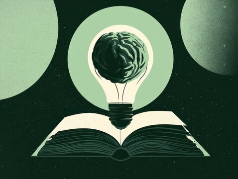 Light bulb emerging from open book with brain inside