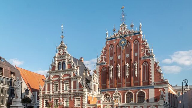 Timelapse showing historic Dutch Renaissance style building with Mannerist details, old town Riga, Latvia.