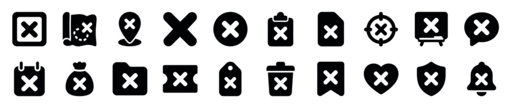Set of black glyph icons featuring a white cross mark for concepts like delete, cancel, and remove, including symbols for folder, document, calendar, and location pin