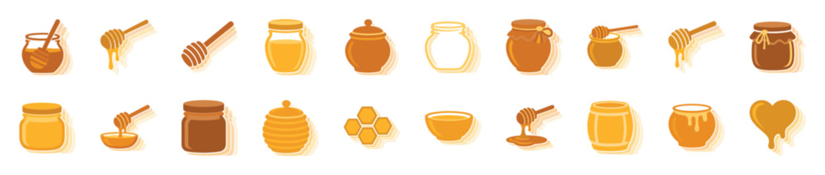 Collection of honey and apiculture icons showing jars, pots, dippers, honeycombs, and dripping honey, presented in a simple flat vector sticker style with a warm color palette