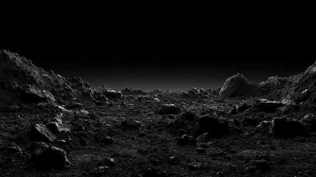 Barren rocky surface of distant moon or alien planet scattered with dark rough stones against empty black outer space background shows cosmic extraterrestrial landscape