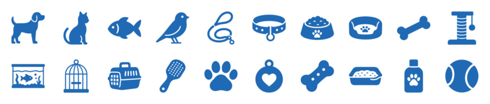 Large set of blue pet icons representing animals and care supplies like a dog, cat, fish, bird, food, toys, and grooming tools, arranged in two neat horizontal rows