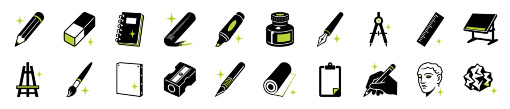 Collection of black and green art supply icons representing creativity, including a pencil, easel, ink, drafting table, and sketchbook in a clean, graphic, minimalist style