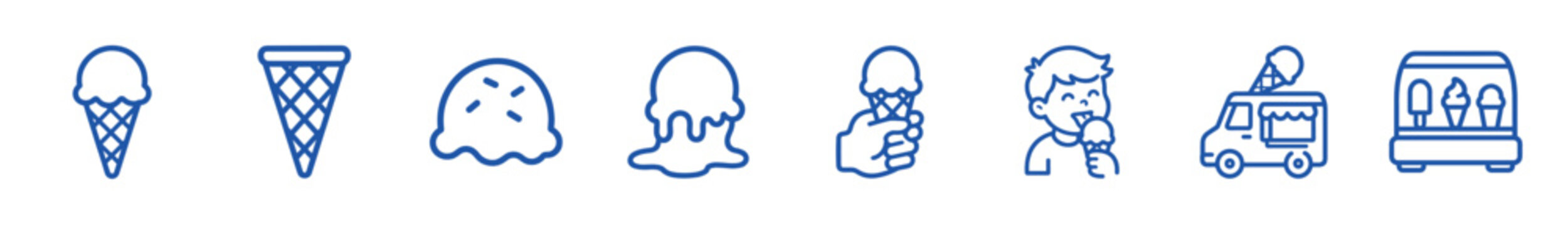 Set of blue line art icons depicting various ice cream concepts, including a cone, melting scoop, a boy eating, a food truck, and a freezer display case