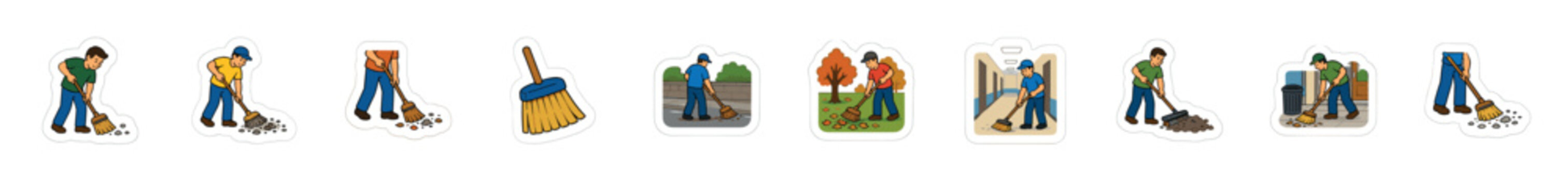 Set of cartoon sticker illustrations depicting men performing cleaning chores with a broom, sweeping leaves, dirt, and trash in various indoor and outdoor environments