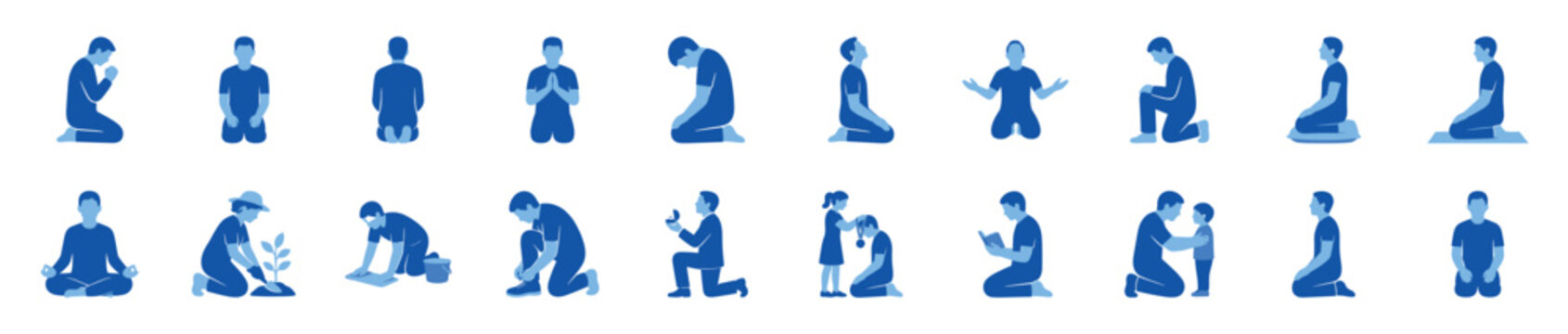 Collection of blue character illustrations showing people kneeling in various poses for prayer, proposal, gardening, cleaning, and other daily life activities in a flat icon style