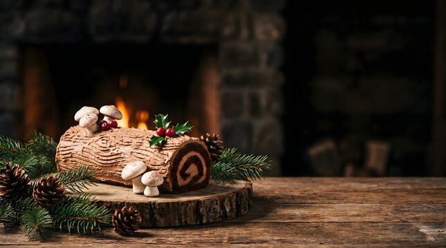 Traditional Christmas yule log cake with mushrooms and pine branches on wooden table near cozy fireplace