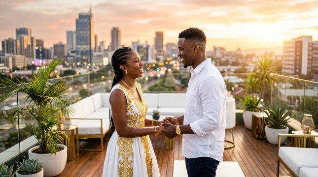 Urban Romance: A stylish couple shares an intimate moment on a rooftop terrace overlooking a vibrant cityscape at sunset, their connection palpable amidst the urban landscape.