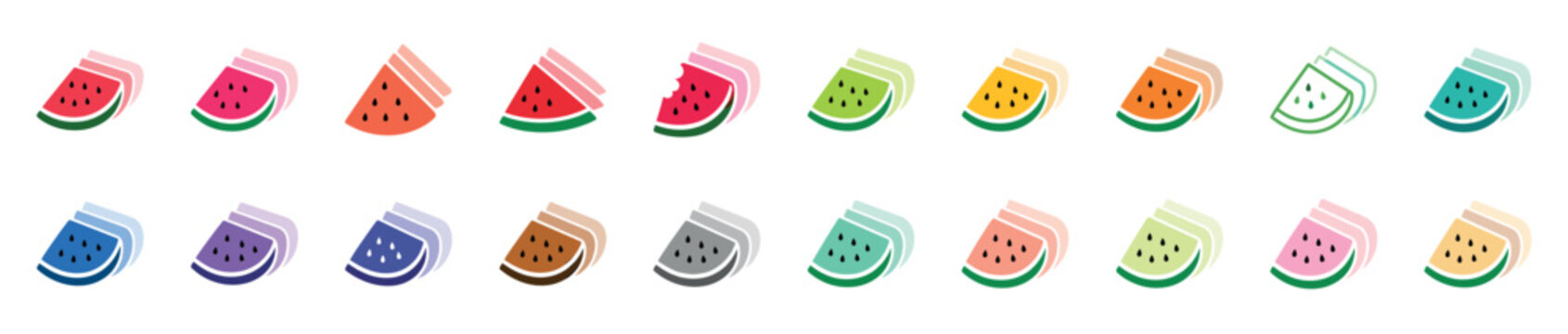 Large colorful set of watermelon slice icons in a vibrant rainbow palette of different hues, including one with a bite mark, presented in a clean graphic illustration style