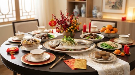 Fototapeta premium Chinese New Year Feast: A lavish spread of traditional Chinese dishes laid out on a richly decorated table, adorned with red lanterns and auspicious symbols.