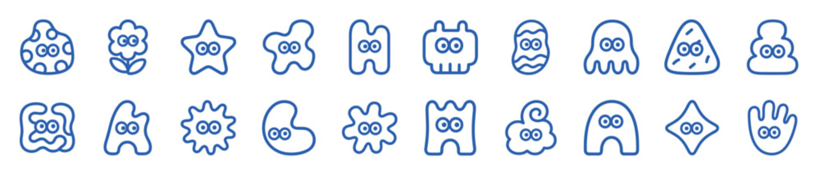 Cute blue line art monster characters with googly eyes in a large collection of abstract, amorphous, and funny shapes, a whimsical icon set with a minimalist doodle style