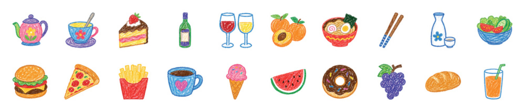 Large collection of colorful food and drink icons drawn in a whimsical crayon style, featuring various meals, desserts, fruits, and beverages for a playful menu design