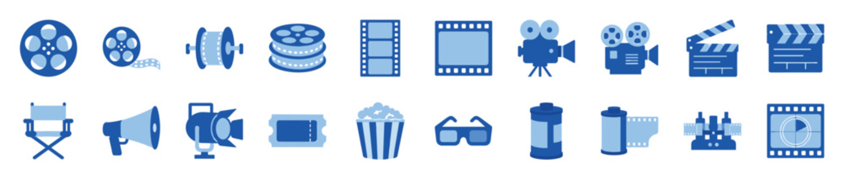 Collection of blue cinema and movie production icons including a film reel, camera, clapperboard, popcorn, and director's chair, presented in a flat graphic style
