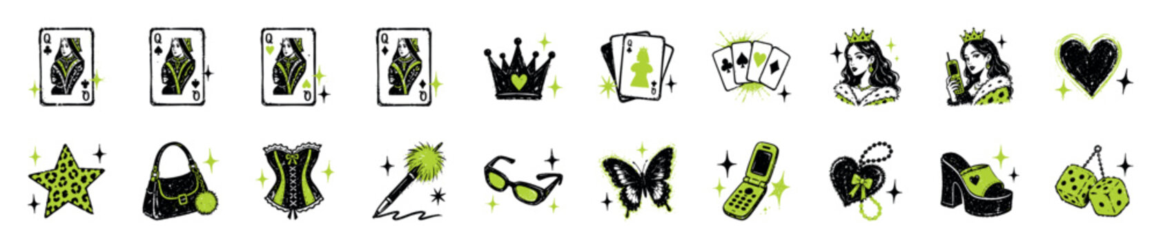 Set of Y2K inspired grunge illustrations featuring playing cards, a crown, butterfly, and fashion accessories in a black and lime green color palette with a textured, hand-drawn style