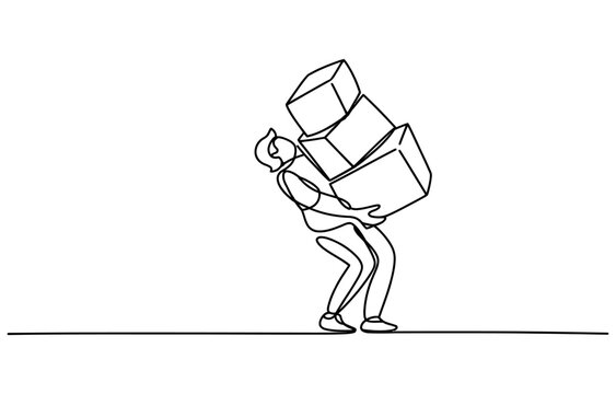 Continuous line drawing of a person carrying a heavy stack of cardboard boxes Vector, illustration