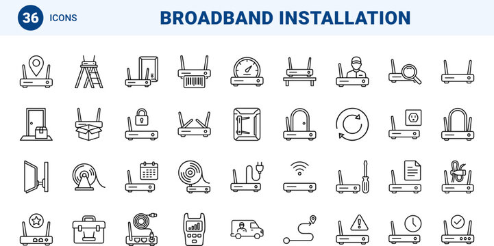 Router Broadband Install Day Web Icon Set in Linear Style. Collection of Network Setup line icons, including installation, hardware, wiring, technician, activation, maintenance.