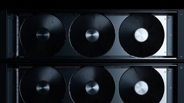 Stacked dual high-performance graphics cards each with three large cooling fans on dark black background shows powerful modern gaming pc hardware technology